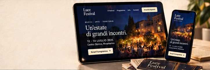 Pagina illustrativa di un evento culturale, su tablet e telefono